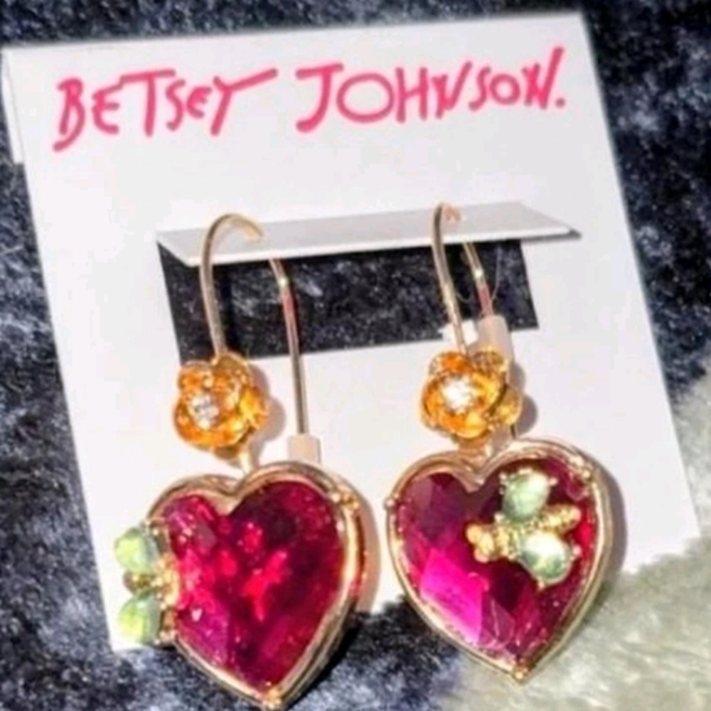 Betsey Johnson Red Heart Earrings with Gold Accents